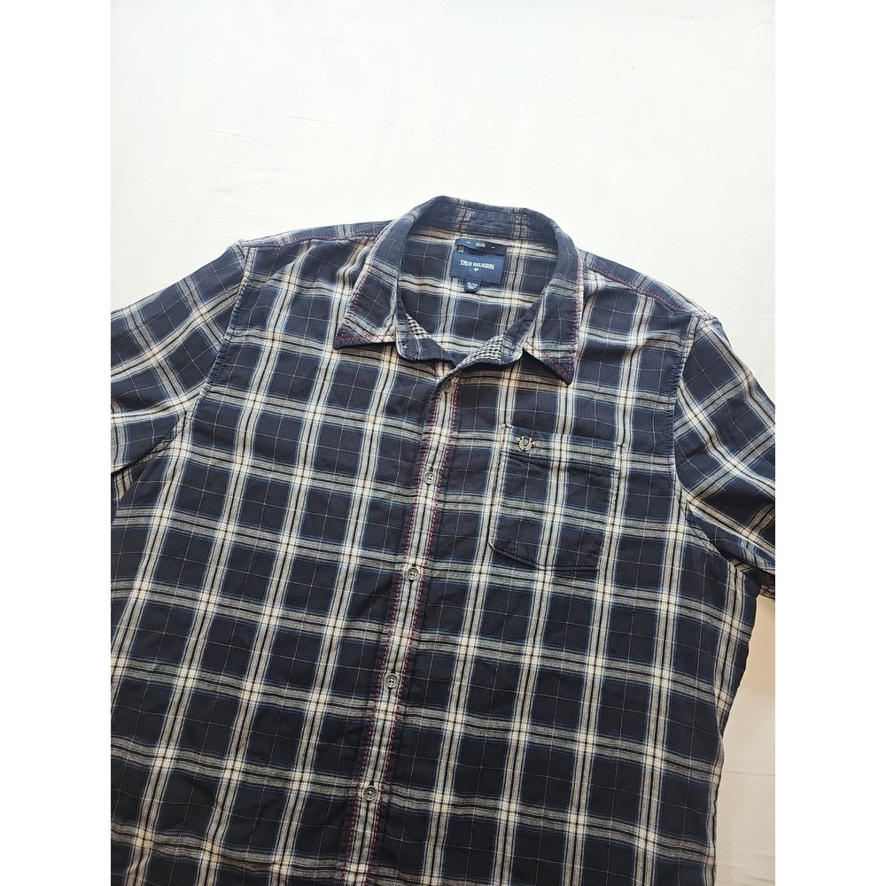 True Religion Mens Western Shirt Slim Fit Size XL Plaid Dark Blue